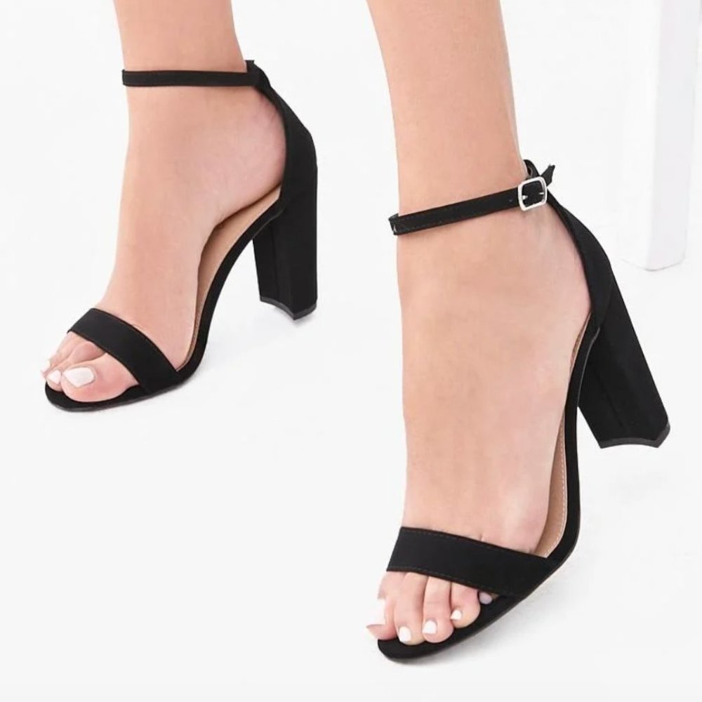 Forever 21 Black Faux Nubuck Ankle Strap Block Heels
